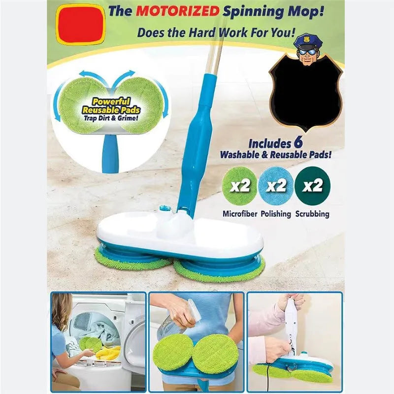 Handheld wireless electric floor cleaning mop with USB charging port and assorted cleaning pads.