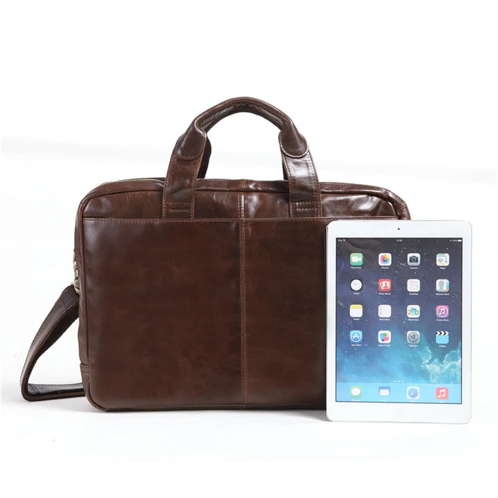 Brown cowhide leather business briefcase with 18-inch size for laptop storage