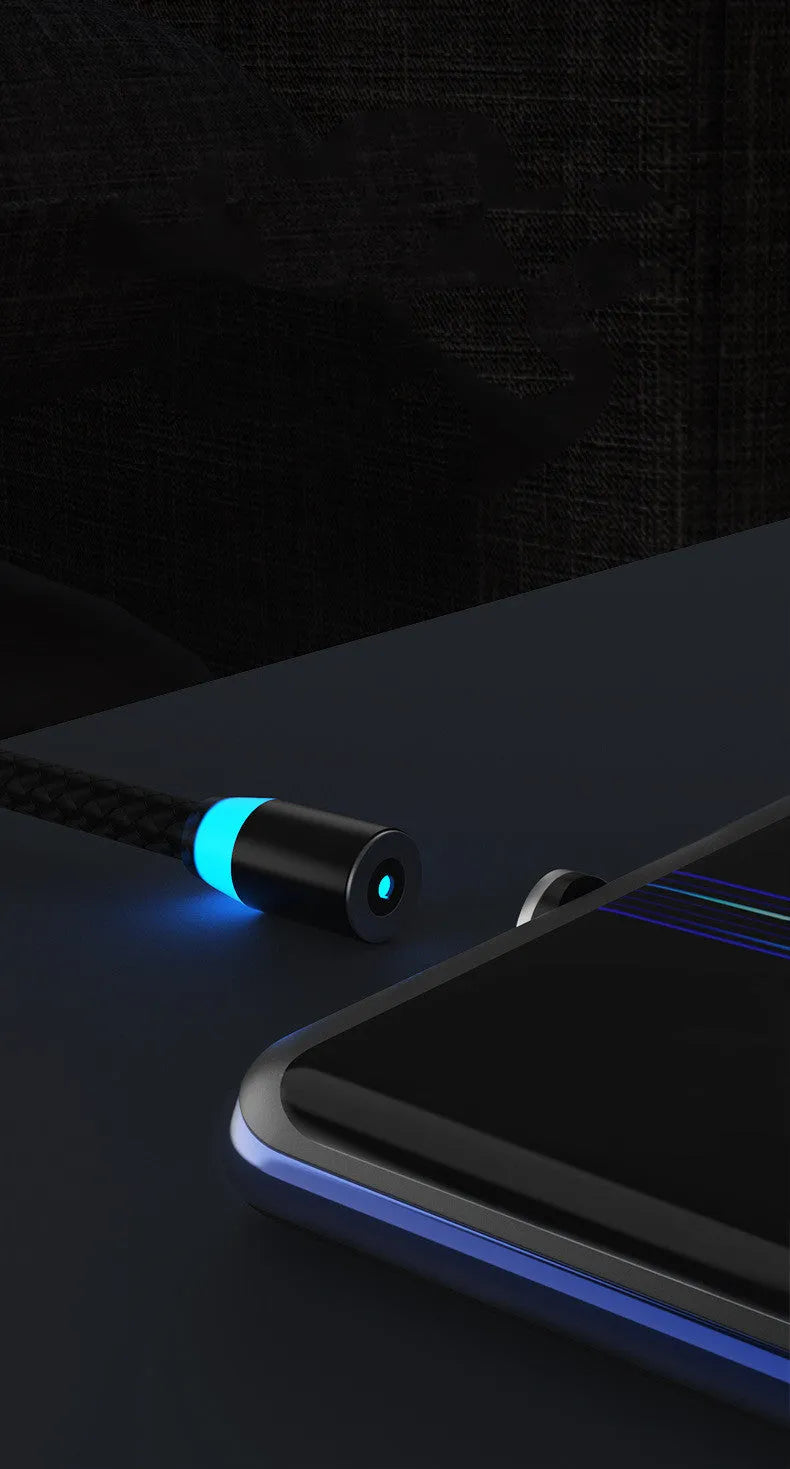 Magnetic charging cable with breathing light indicator showing Apple, Android and USB-C compatibility
