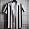 Men's linen T-shirt with 3D printed stripes on a simple striped background, short sleeve design