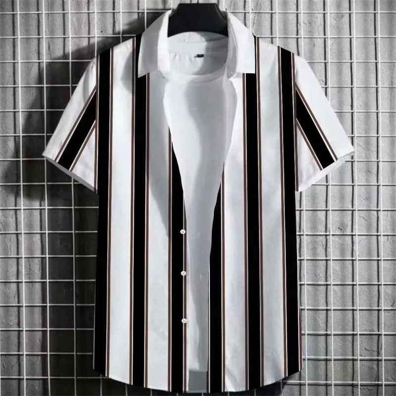 Men's linen T-shirt with 3D printed stripes on a simple striped background, short sleeve design