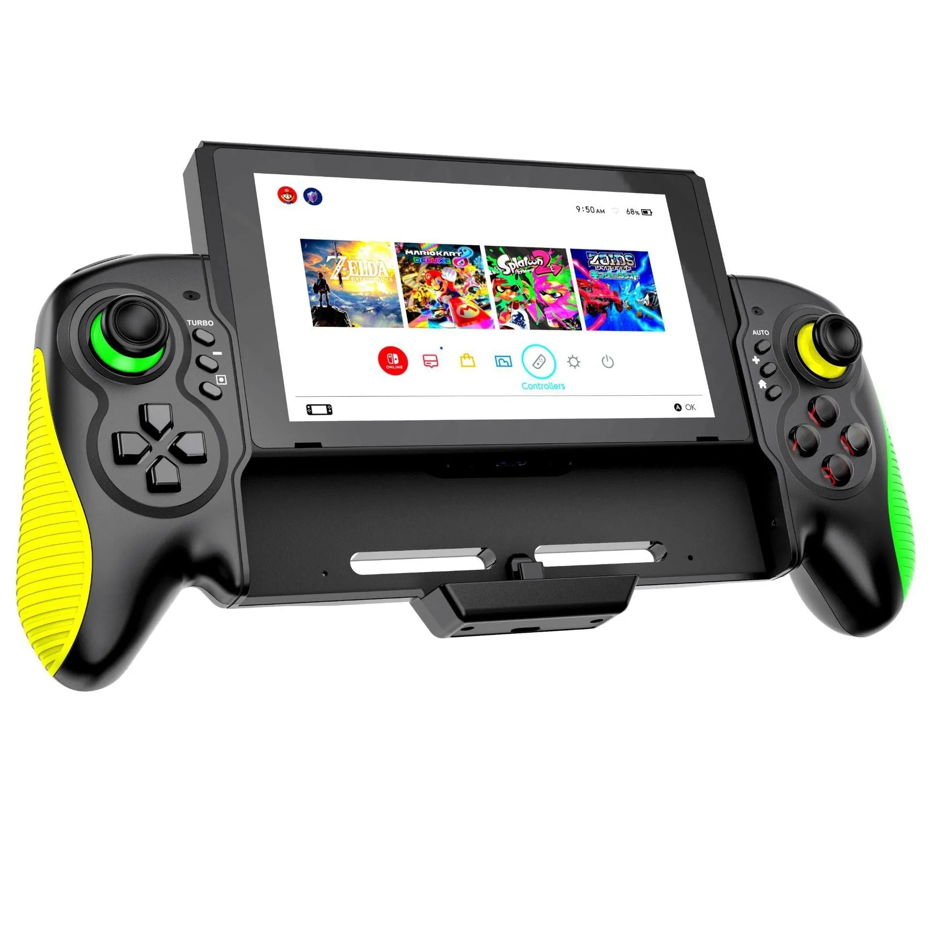 Yellow-green game controller with in-line handle design for Nintendo Switch and PC gaming