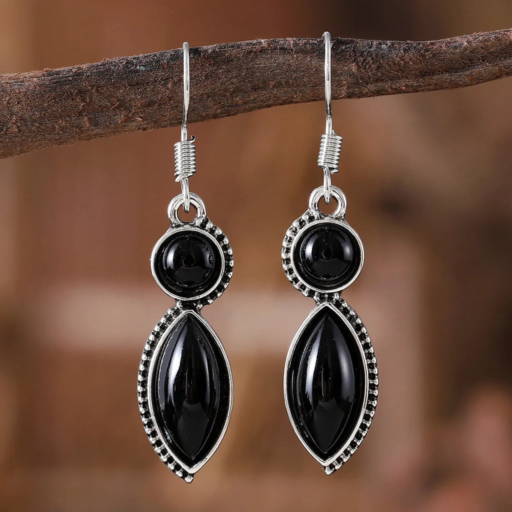 Geometric vintage pendant earrings in black and purple colour pair with zinc alloy construction