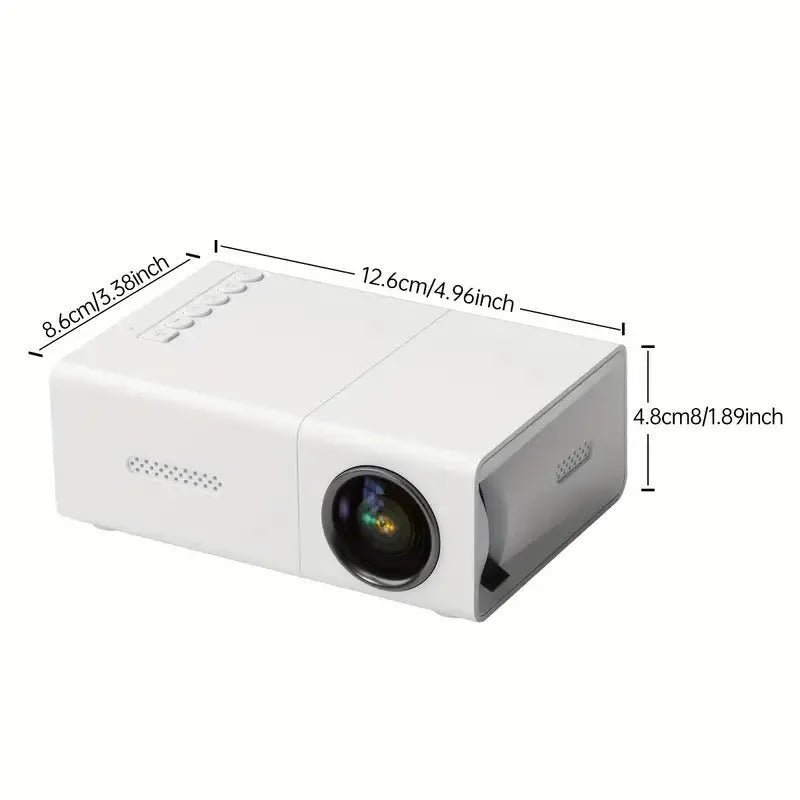 M100 mini LED projector in black or white showing 100-inch projection capability with remote control