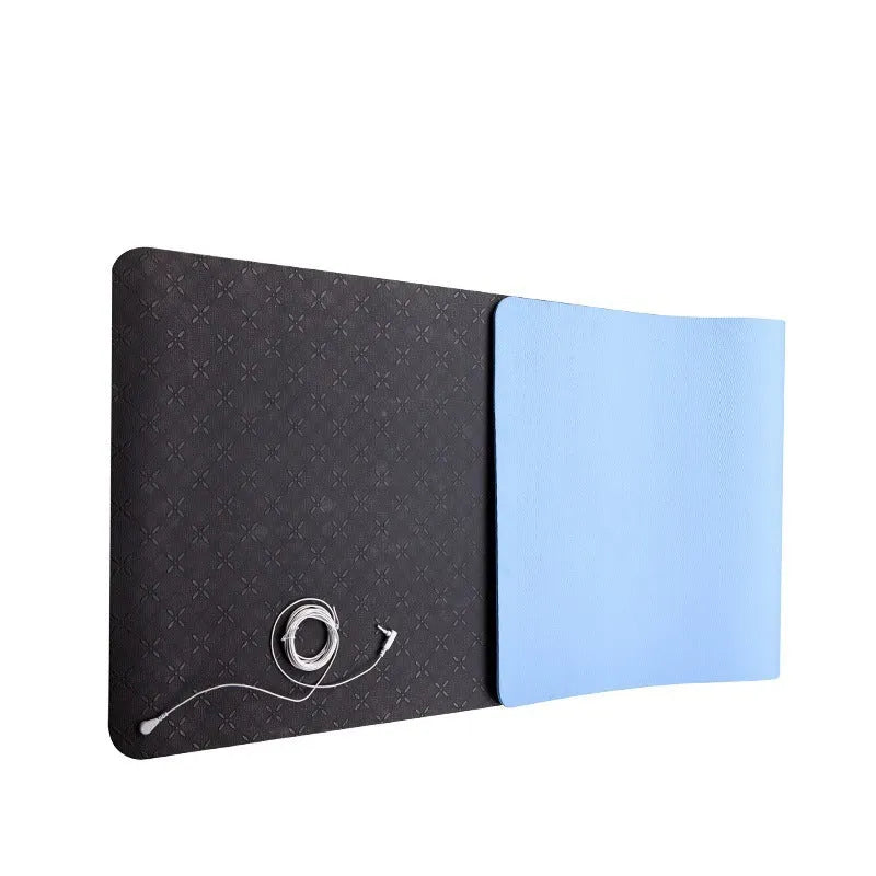 Blue conductive yoga mat with plants pattern, showing grounding wire and 182x61cm dimensions