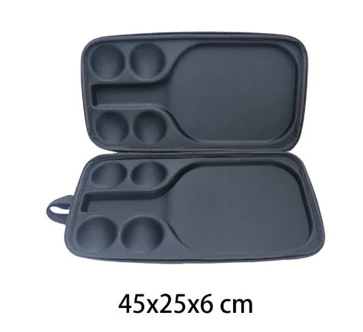 Black EVA pickleball racket storage box with shoulder straps, shown holding a racket and balls.
