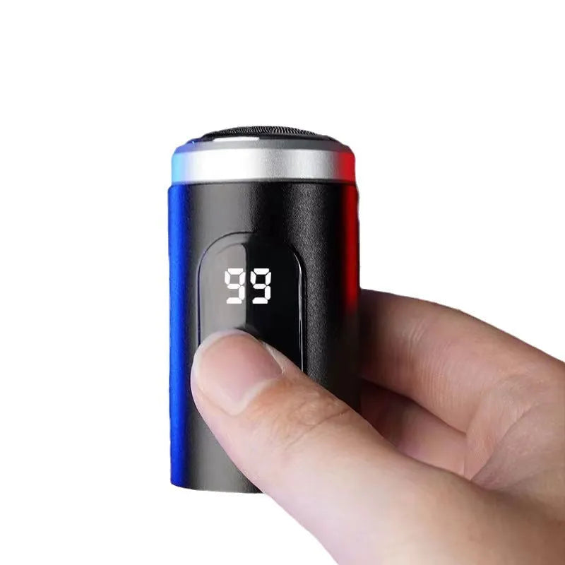 Black rechargeable USB shaver with LED display, cleaning brush, and protective cover