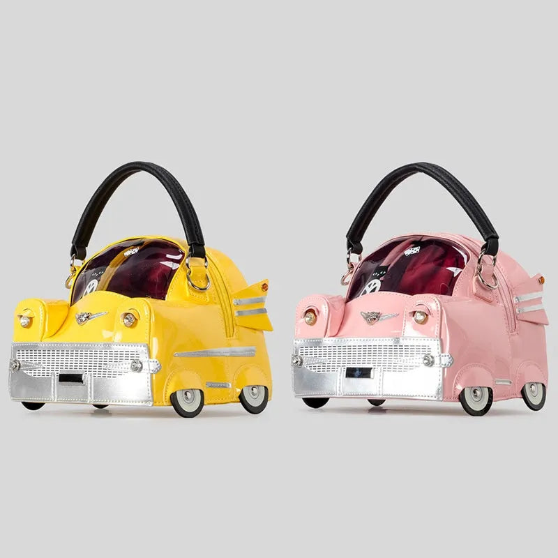 Creative cute car-shaped PU handbag in pink with contrast stitching and slit pocket