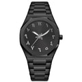 Men's business quartz watch with a steel bracelet and a black and silver dial on a wrist.