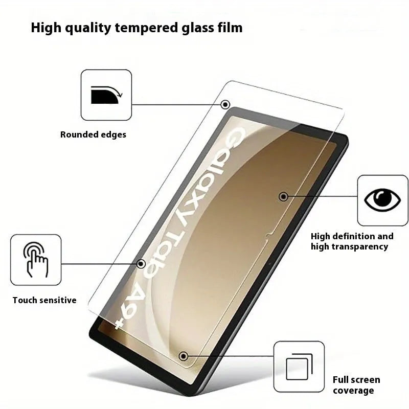 Samsung Galaxy tablet with HD tempered glass screen protector showing anti-fingerprint surface.