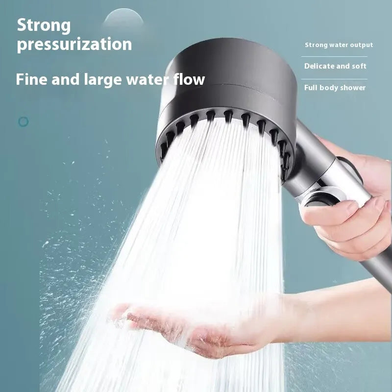 Strong Boost portable ABS plastic shower head with dial for spray, massage, and rain modes.