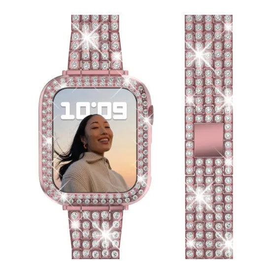 Apple Watch protective case with double diamond glass in rose pink, gold, silver, and black colour options.
