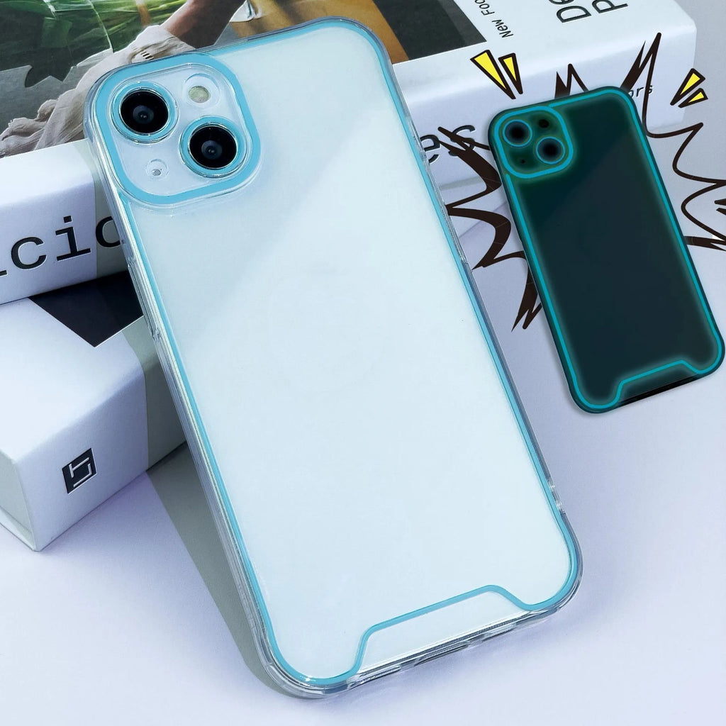 Glow in the dark Christmas phone case for iPhone in blue, green, orange, pink, and yellow colours.