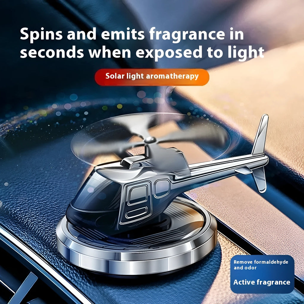 Metal solar-powered rotating helicopter car air freshener ornament in three colour options