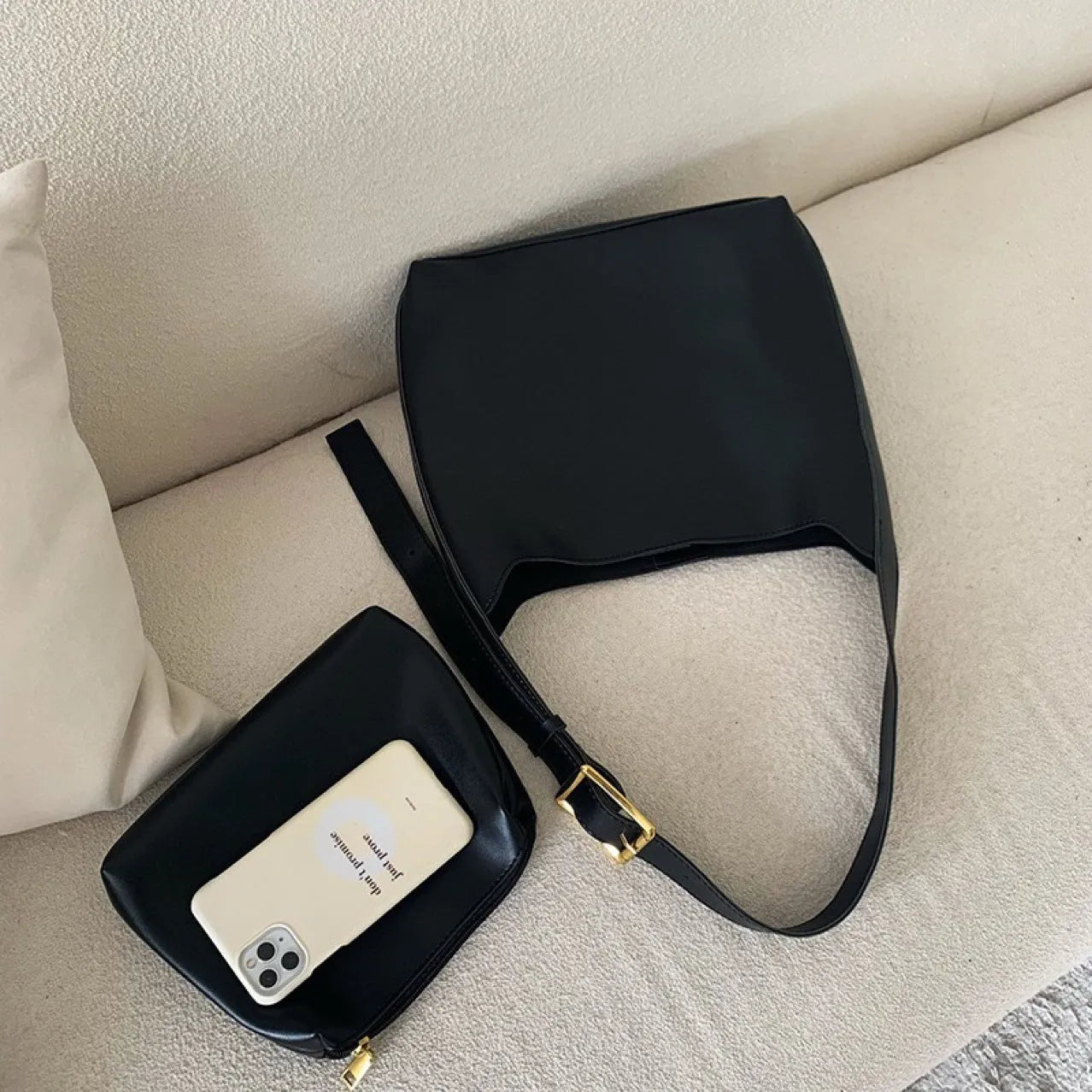 Women's black and brown PU shoulder bags with swing thread detail, dimensions 28×32×12cm