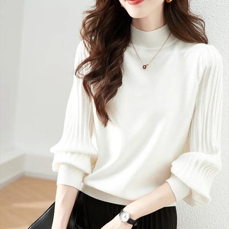 Women's slim fit half turtleneck shirt with sunken stripe pattern in apricot colour