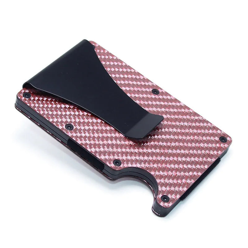 Geometric carbon fibre business card holder showing 8mm thickness with multiple colour finish options