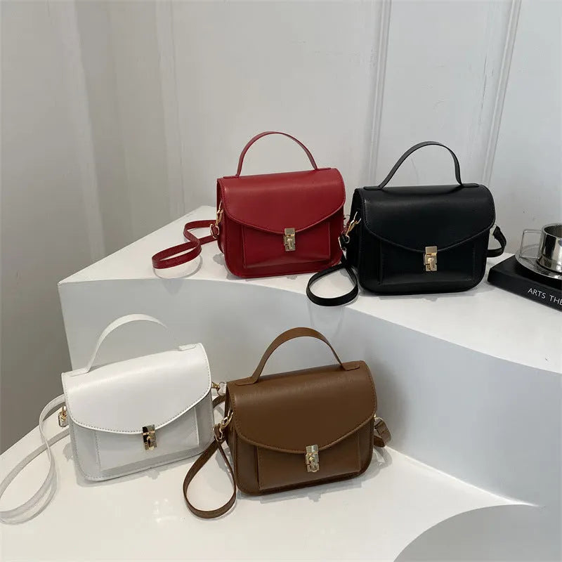 Retro style horizontal square messenger bag in PU leather with crossbody strap and document compartment