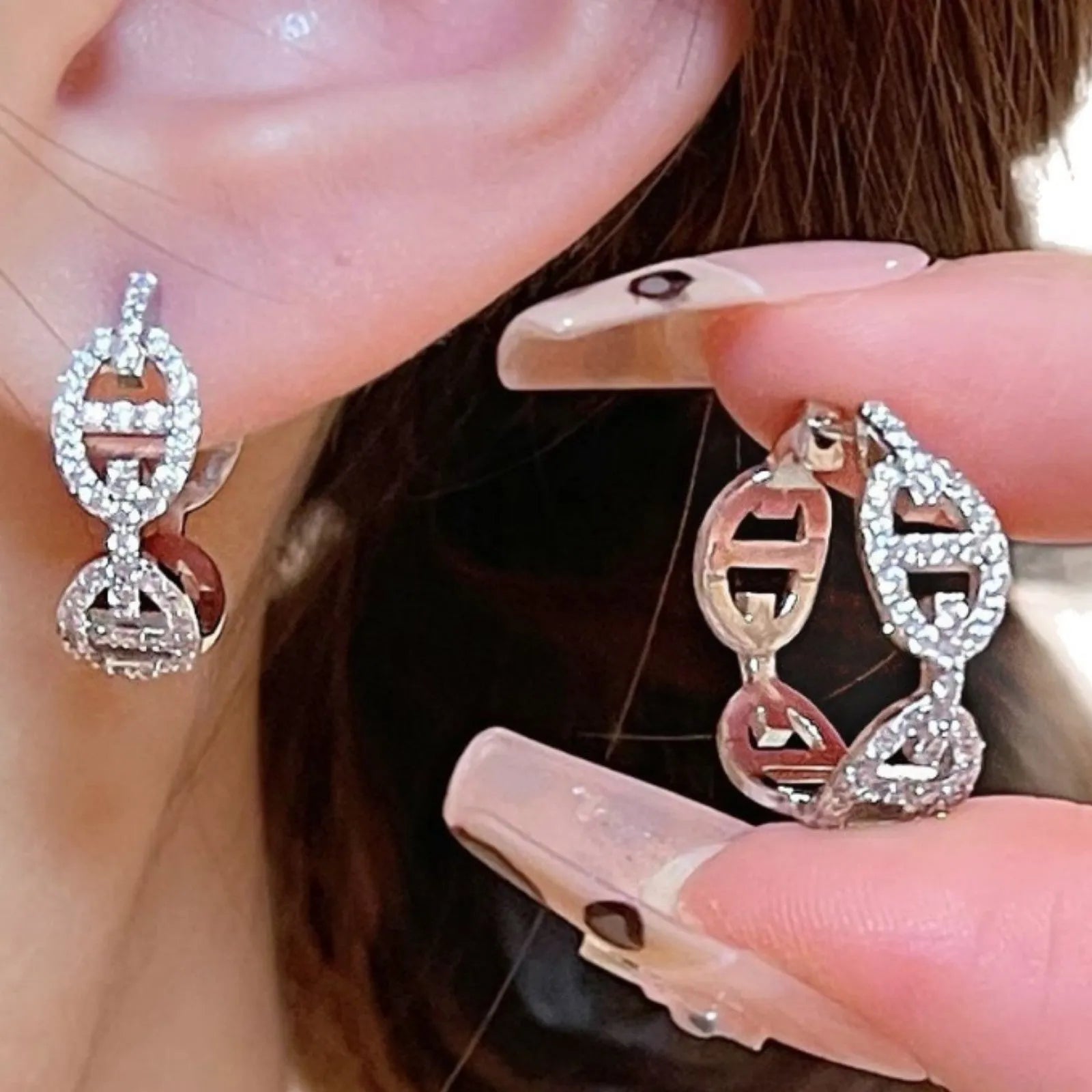 Women's diamond-studded copper earrings with thick gold plating in silver, gold, and rose gold colour options