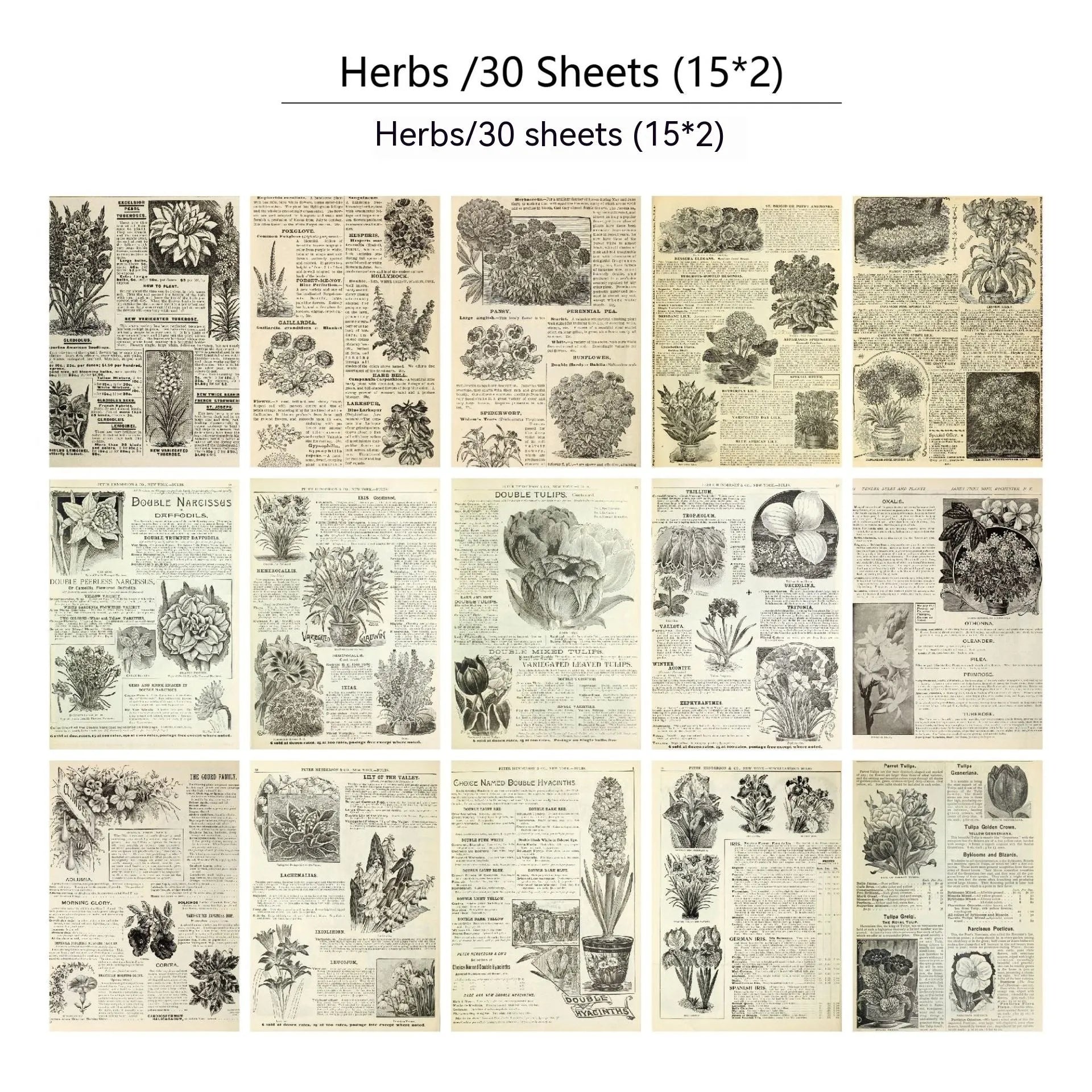 Pack of 30 retro-style scrapbook decoration papers with six different printed designs.