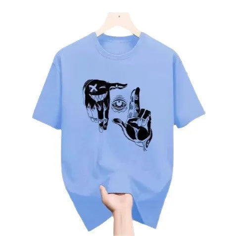 Men's grey cartoon print short sleeve t-shirt made from breathable mesh fabric.