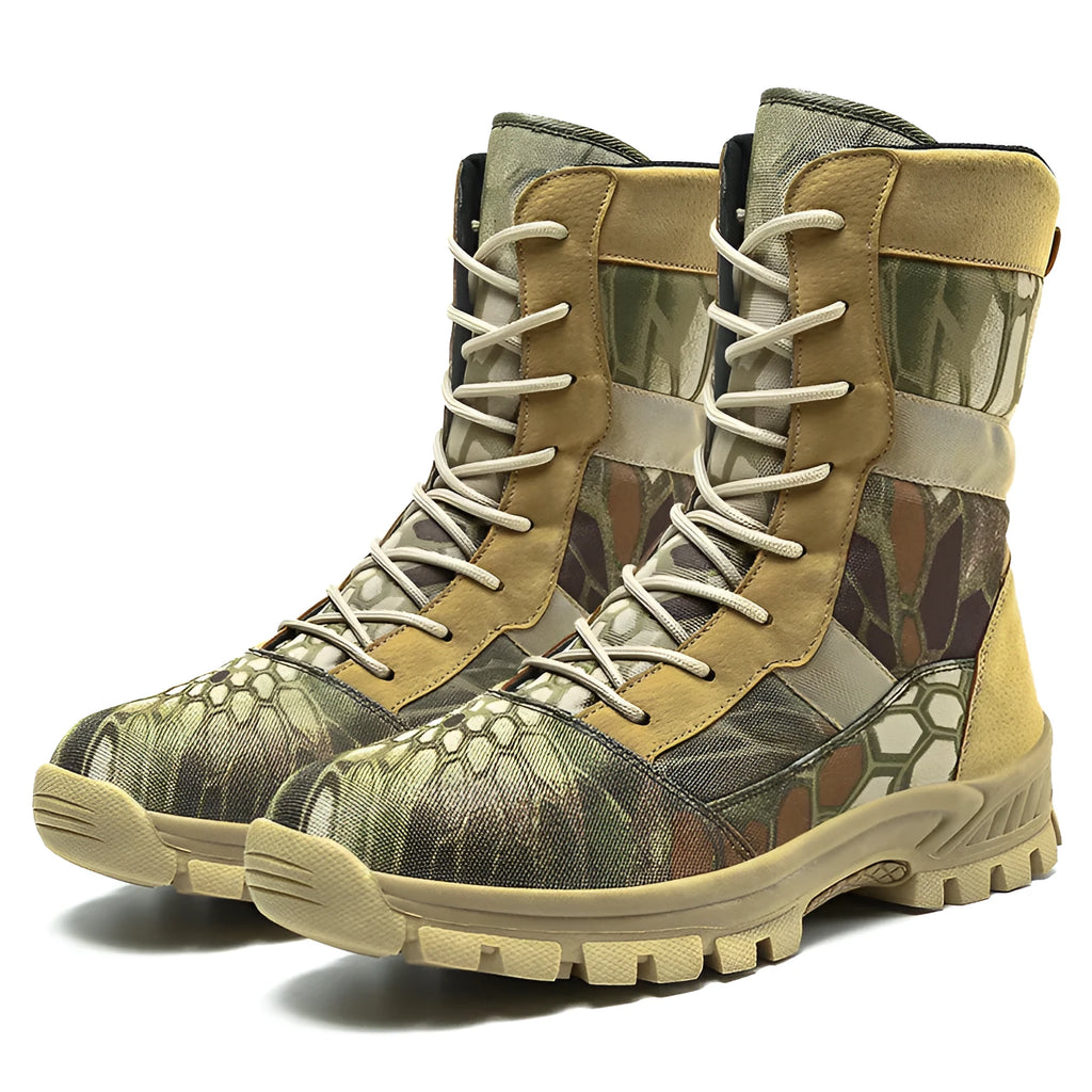 Plus size men's high-top boots in black and camouflage colours with mesh upper and totem pattern detailing
