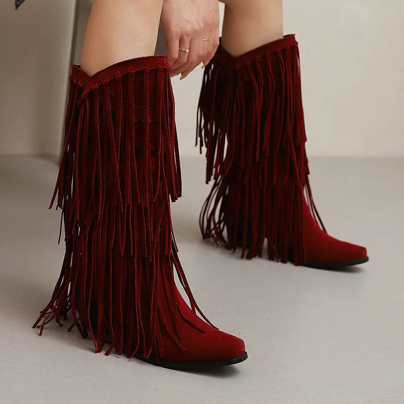 Women's beige suede high heel tassel boots with a square toe and chunky rubber sole
