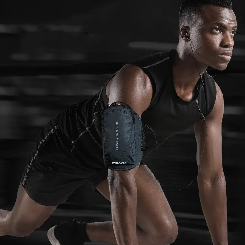 Lightweight reflective running arm bag shown in black, fluorescent yellow, and silver grey colours.