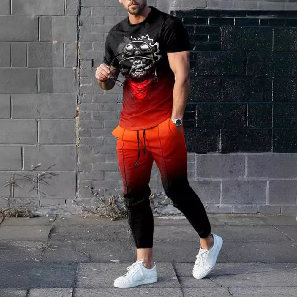 Man wearing a thin, short-sleeved printed pullover and matching trousers from a lightweight sport suit set.