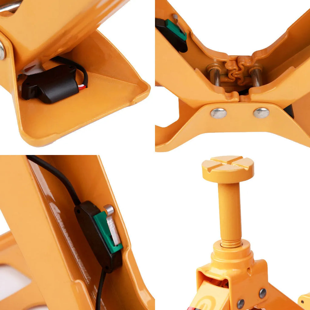 Yellow steel 12V electric car jack and wrench set for powered vehicle lifting and wheel nut removal.