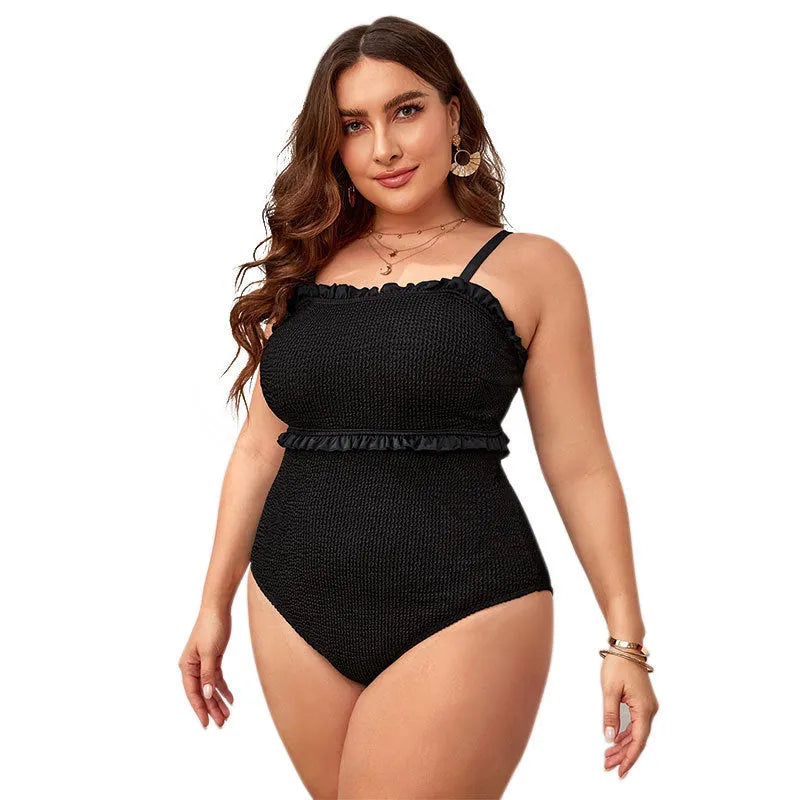Black plus size one-piece swimsuit with double shoulder straps and belly cover design.