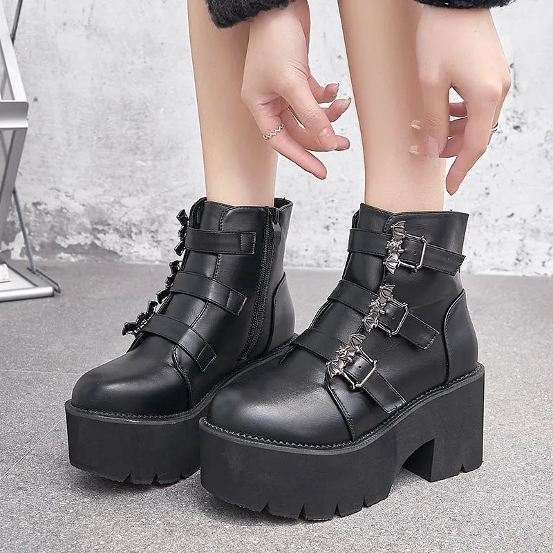 Black ladies punk gothic ankle boots with bat buckle decoration and chunky platform heel