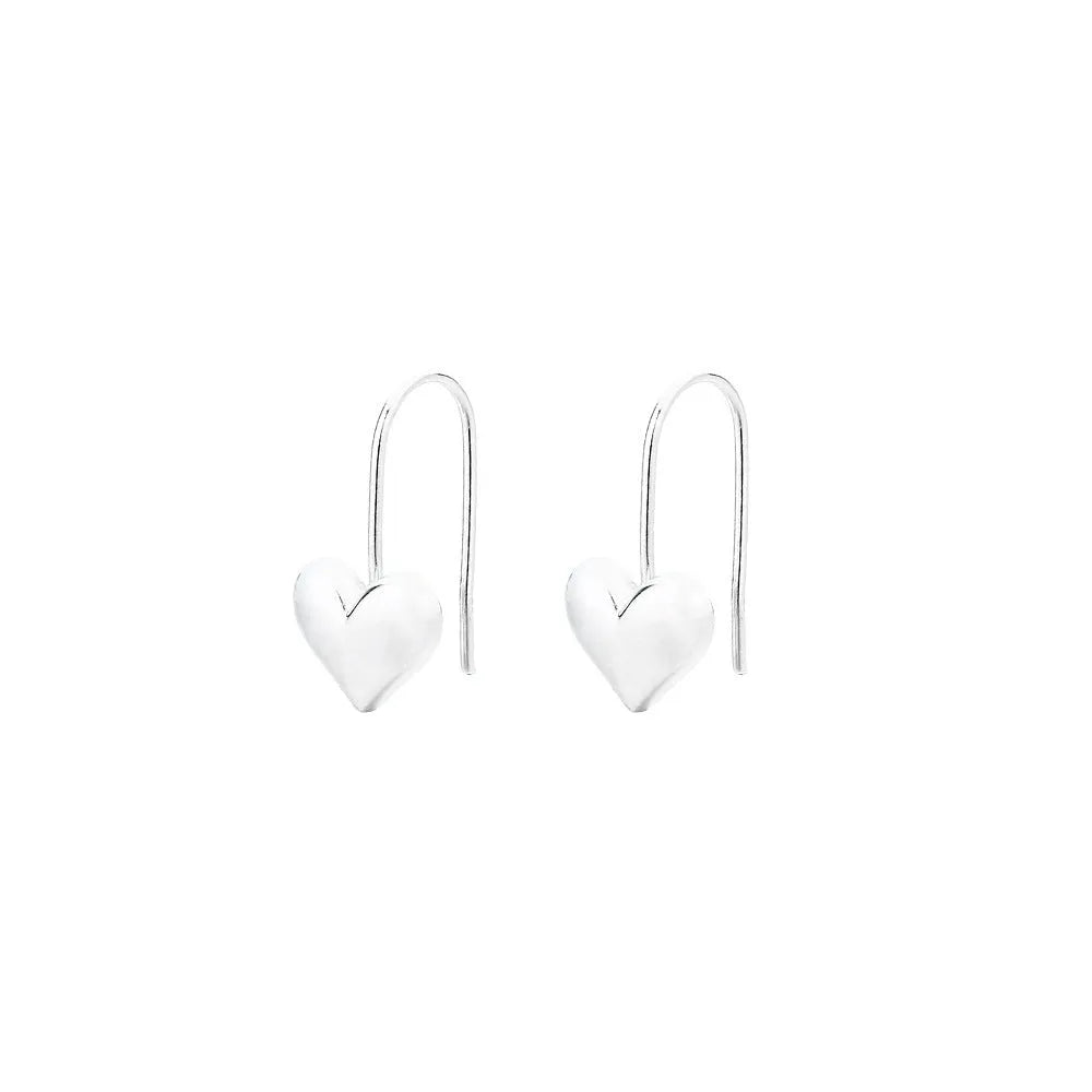 Korean style heart-shaped earrings with glossy finish and silver colour