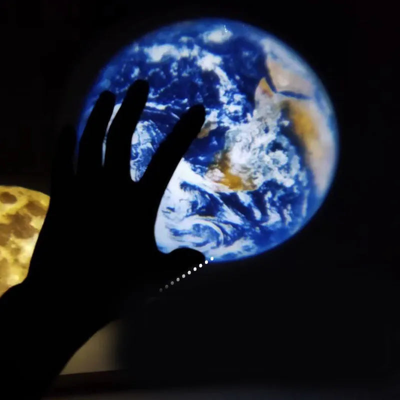 White ABS plastic star projector lamp with adjustable hose bracket showing earth and moon projection chips.