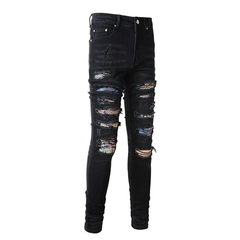 Men's simple print patch tattered black stretch jeans