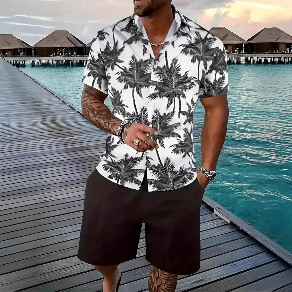 Men's 3D printed Hawaiian patterned shirt and shorts casual set in polyester fabric