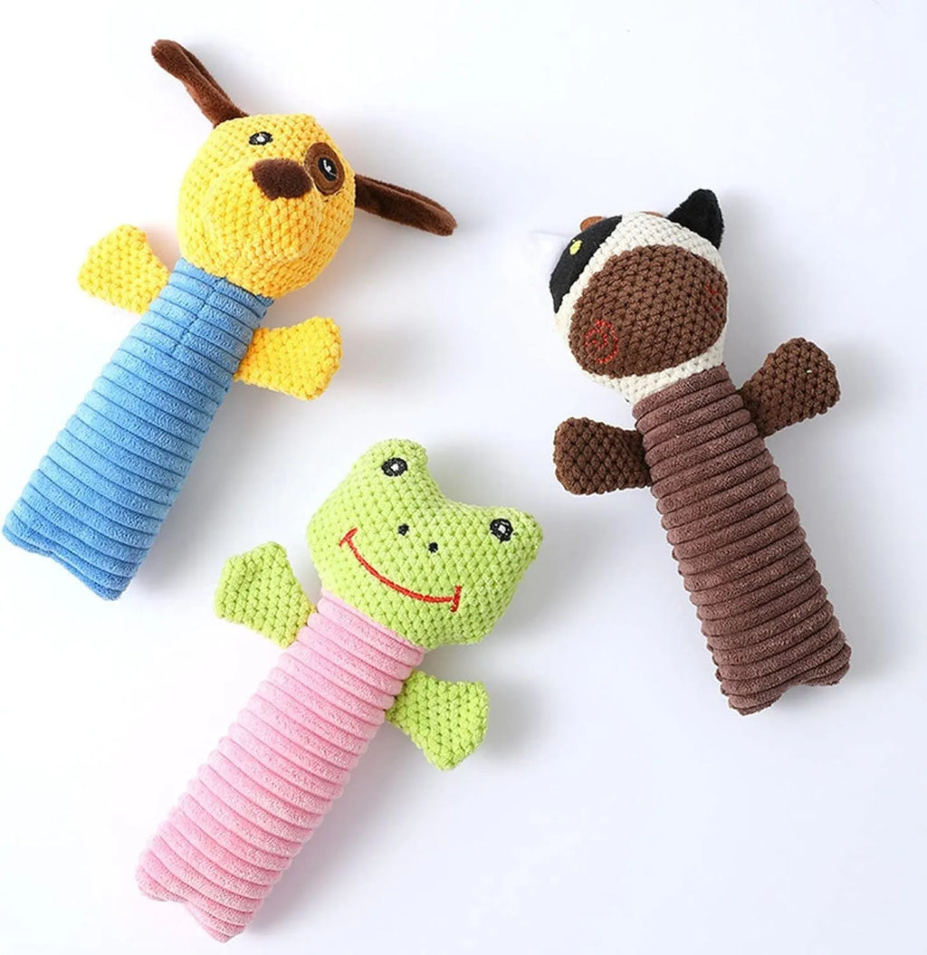 Dog squeaky chew toy shaped like a stuffed animal for dental cleaning and teething.