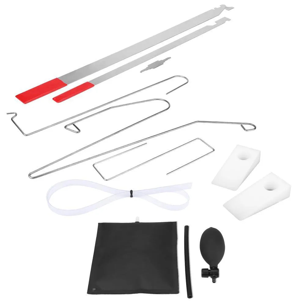 9-piece automotive emergency lockout tool kit with air pump wedge, plastic wedges and crowbar tools