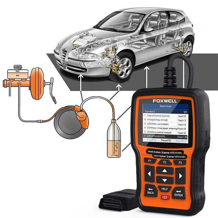 Foxwell NT510 orange and black automotive diagnostic tool with OBD2 cable and large colour screen