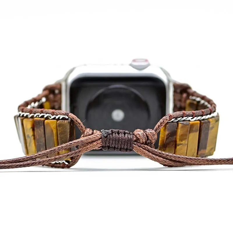 Rectangular tiger eye stone chain men's watch strap bracelet on textile band with adjustable clasp