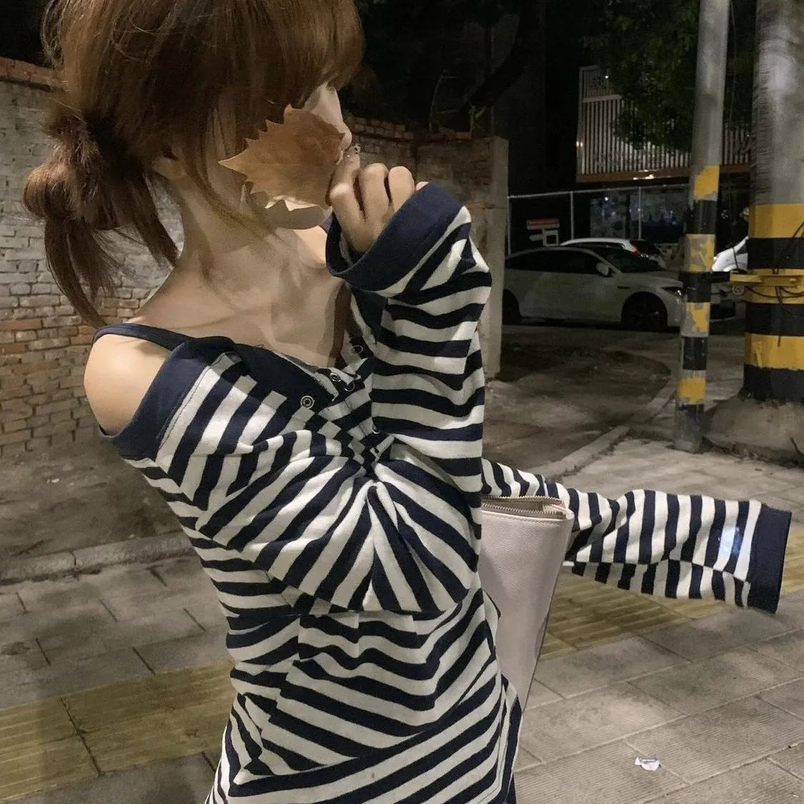 Dark blue women's oversized Korean-style long-sleeved T-shirt with embroidery and striped details