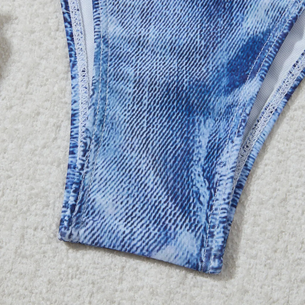 Women's denim blue printed bikini set with adjustable straps shown front and back
