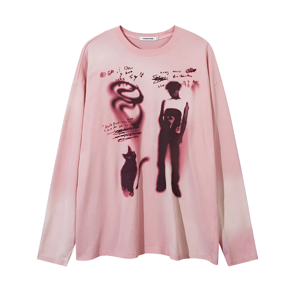 Women's loose fit cotton pullover top with drop shoulder design and letter pattern in dark grey