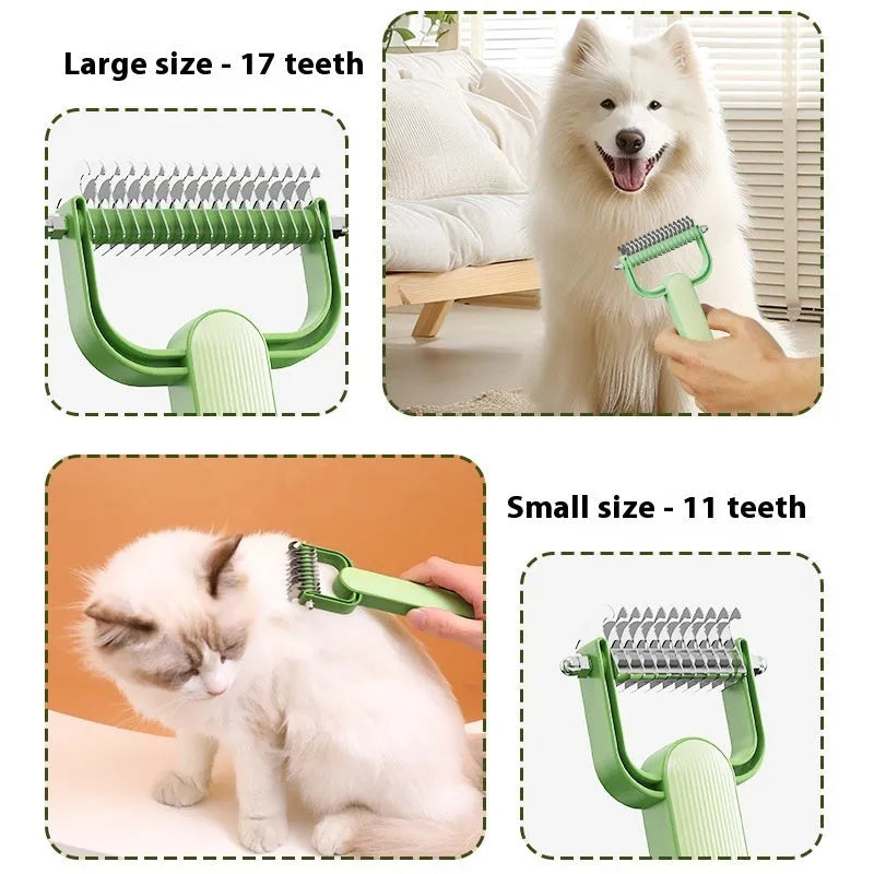 Green and grey dog grooming comb for unknotting hair, shown in large and small sizes