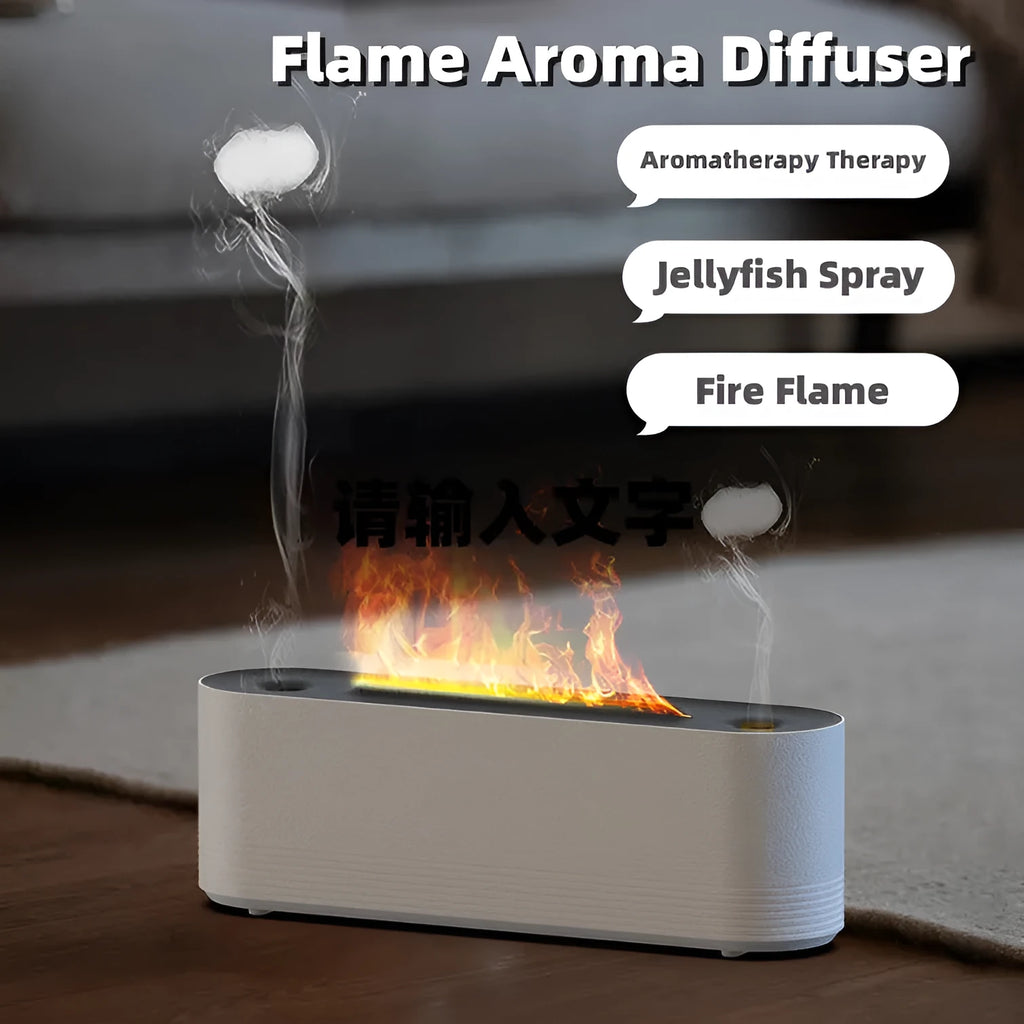 Black Flame Air Ultrasonic Humidifier emitting cool mist with a multi-colour LED flame light effect on a wooden table.