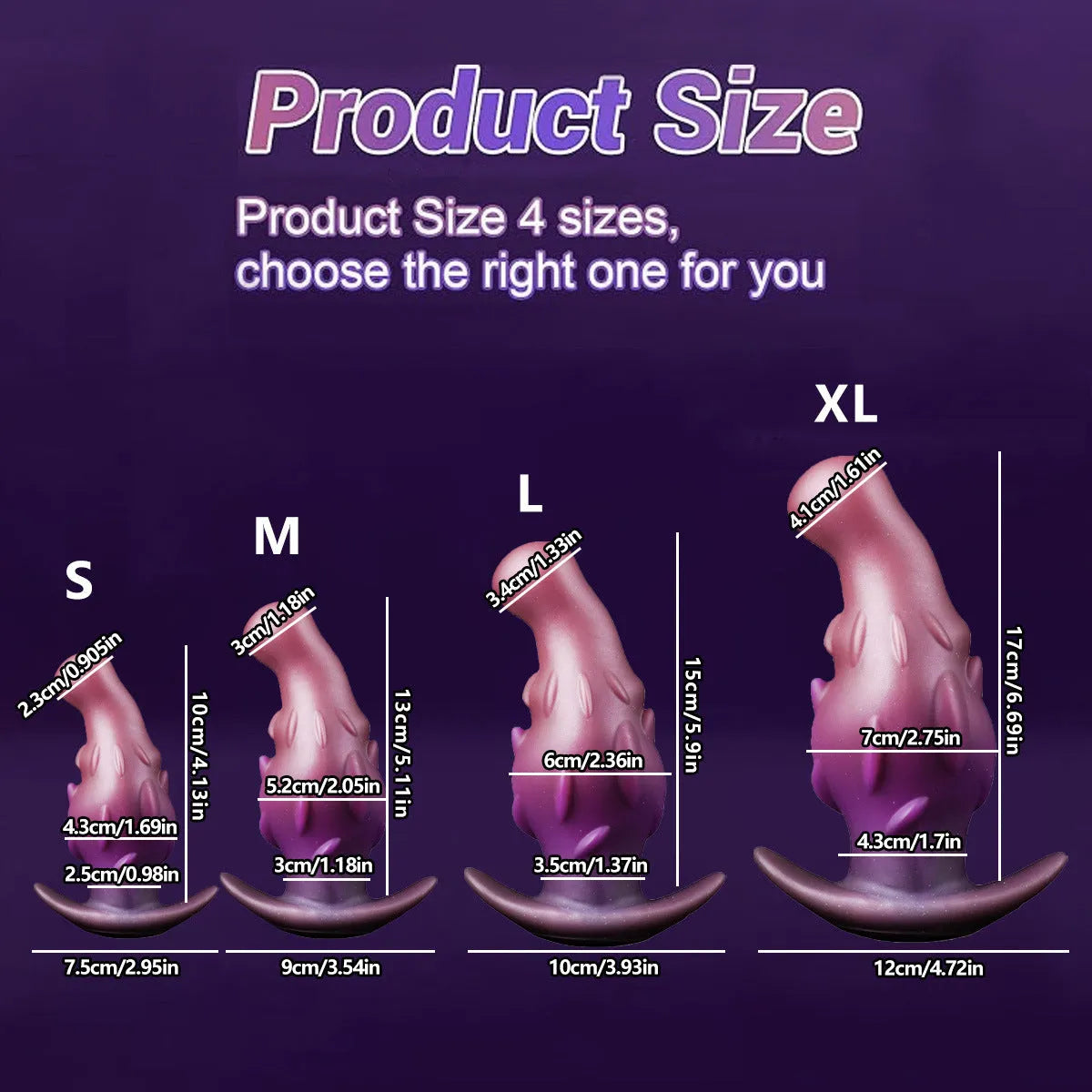 Adult liquid silicone masturbator toy in purple, gold, or black, available in S, M, L, XL sizes.