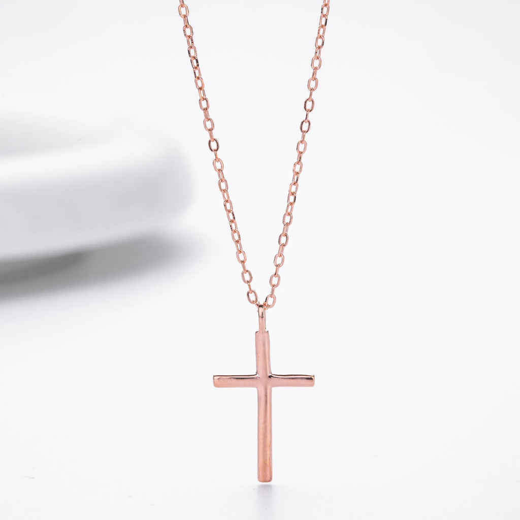 Sterling silver cross necklace on O-shaped chain with gold, platinum, or rose gold plating