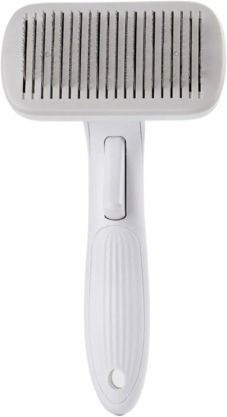 Automatic pet hair removal comb with needle design in blue, grey, green, and pink colour options