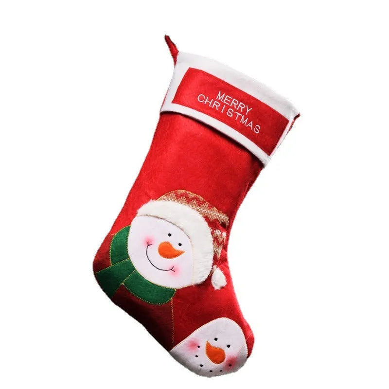 Non-woven fabric Christmas stocking decoration in elk, old man and snowman designs for candy or hanging display.