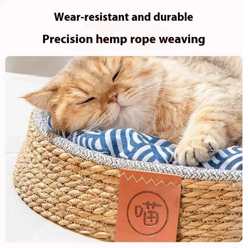 Rattan woven cat bed pet nest in a cage style, shown in a natural colour.